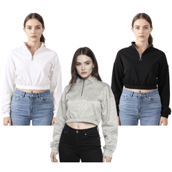 ZEGY Women's Crop-Top Half-Zip Long-Sleeve Shirt, Cotton Sweater, Cropped 1073 in White, Black, or Silver