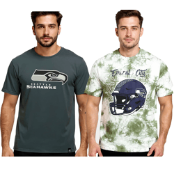 RE:COVERED X NFL Seattle Seahawks Men's T-Shirt with Logo Print, Cotton T-Shirt, Crew Neck, Gray or Green Batik