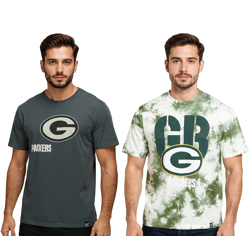 RE:COVERED X NFL Herren T-Shirt Green Bay Packers Logo-Print Baumwoll-Shirt Rundhals-Shirt in Grau oder Batik Grün/weiß