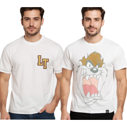 RE:COVERED X LOONEY TUNES Herren T-Shirt mit Tasmanischer Teufel oder Basketball Print Baumwoll-Shirt Rundhals-Shirt Ecru-Weiß