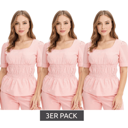 3er Sparpack Damen Bluse mit Puffärmeln Baumwoll-Bluse Sommer-Top Kurzarm-Shirt 963325 Rosa
