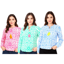 ZWILLINGSHERZ Ornamente Damen Sommer-Bluse Tunika-Shirt mit Quasten 33223 in Pink, Grün oder Blau