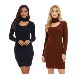 Damen Strick-Kleid Mini-Kleid mit Rollkragen und Ausschnittdetails Langarm-Kleid Mahagoni-Braun oder Dunkelblau