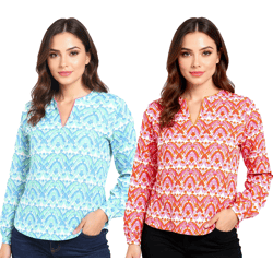 ZWILLINGSHERZ Joyful Damen Sommer-Bluse Tunika-Shirt mit Ornamenten 33236 Orange/Pink/Weiß oder Blau/Pink/Weiß/Grün