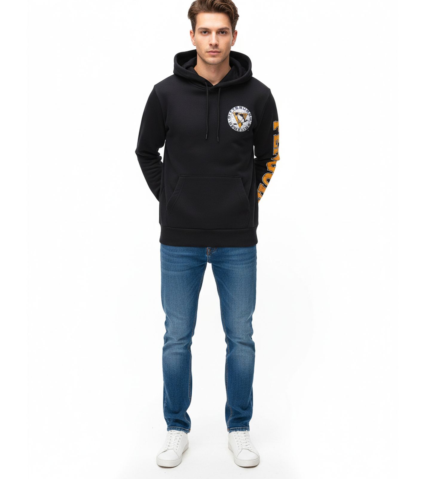 Hollister X NHL Pittsburgh Penguins Herren Hoodie mit Team-Logo-Aufdruck Baumwoll-Pullover 322-221-1606-900 Schwarz