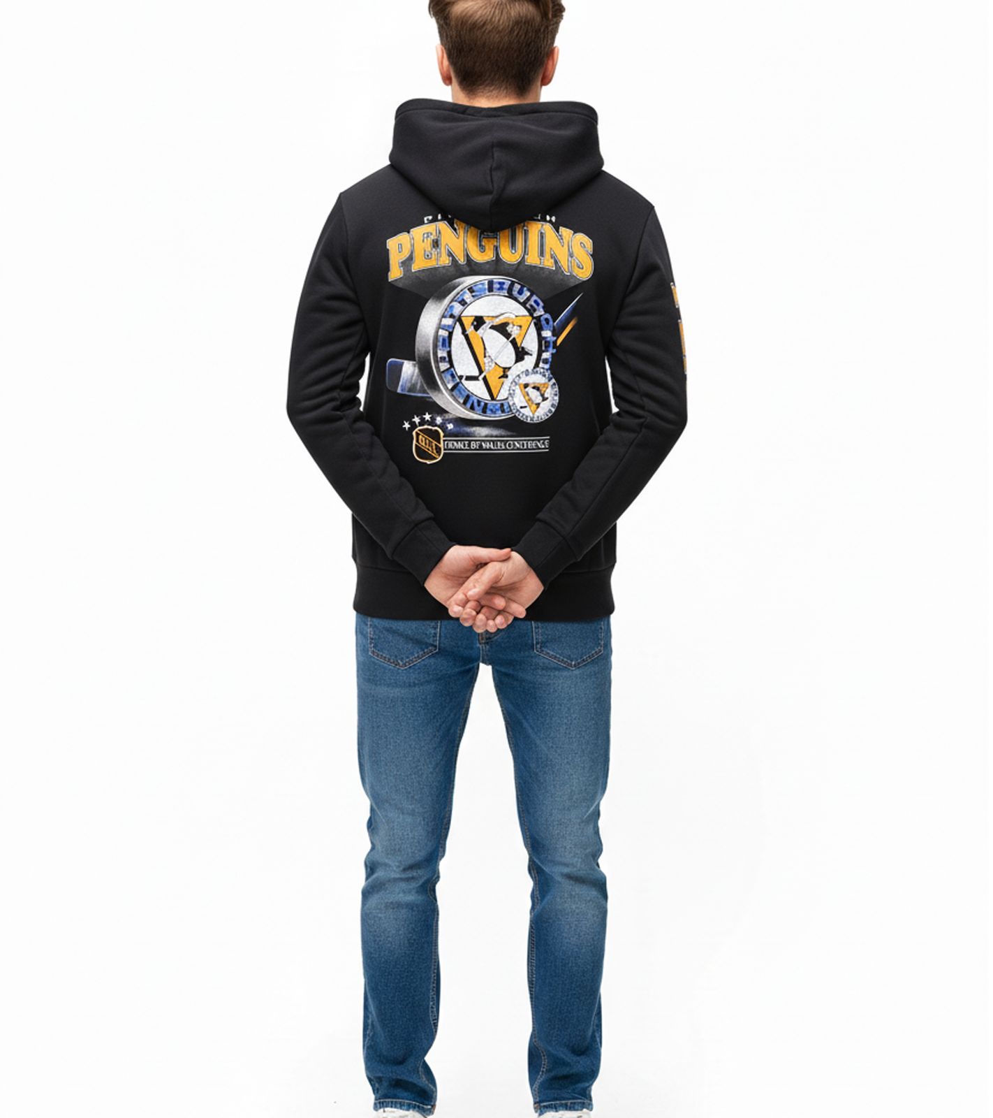 Hollister X NHL Pittsburgh Penguins Herren Hoodie mit Team-Logo-Aufdruck Baumwoll-Pullover 322-221-1606-900 Schwarz