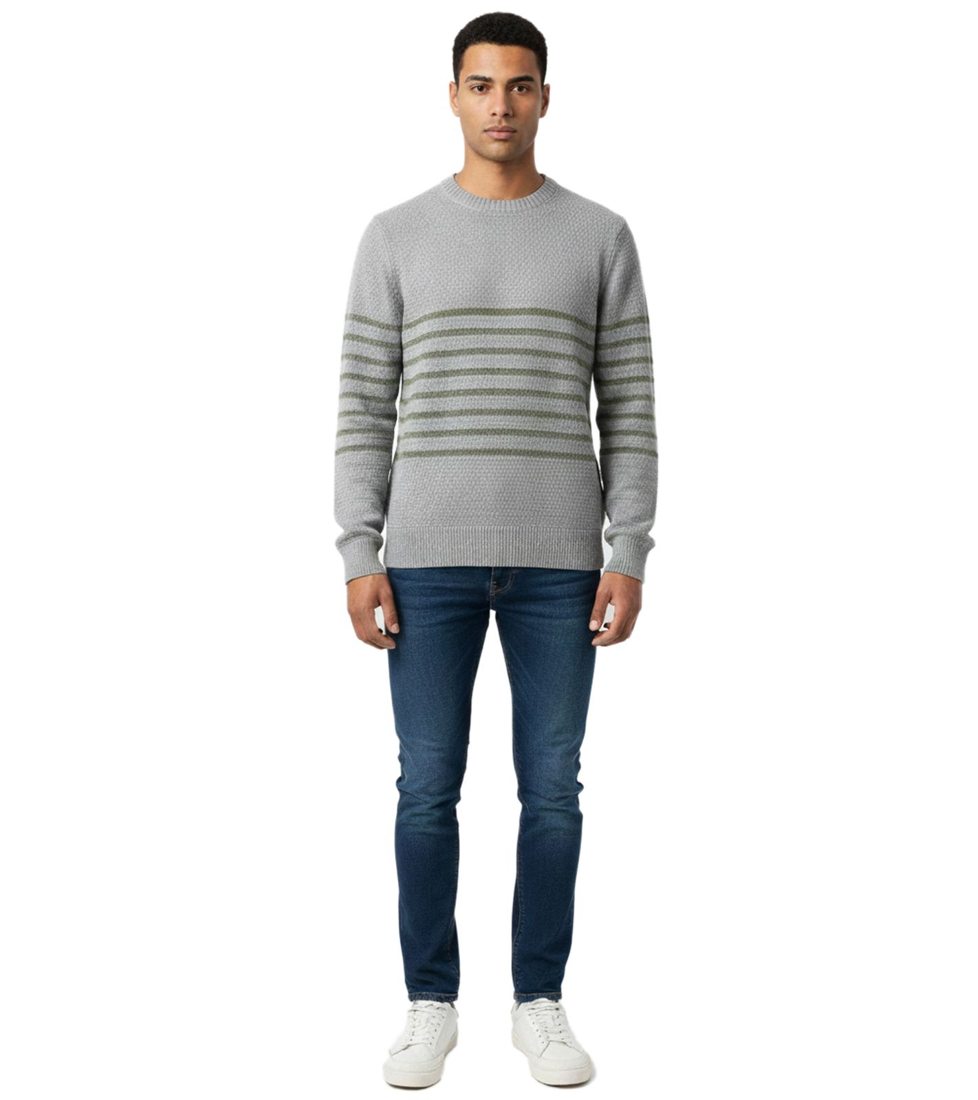 Stylischer ESPRIT Herren Strick-Pullover mit Streifen Rundhals-Sweater Baumwoll-Pullover Grau
