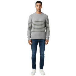 Stylischer ESPRIT Herren Strick-Pullover mit Streifen Rundhals-Sweater Baumwoll-Pullover Grau
