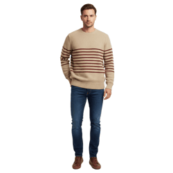 Stylischer ESPRIT Herren Strick-Pullover mit Streifen Rundhals-Sweater Baumwoll-Pullover Beige