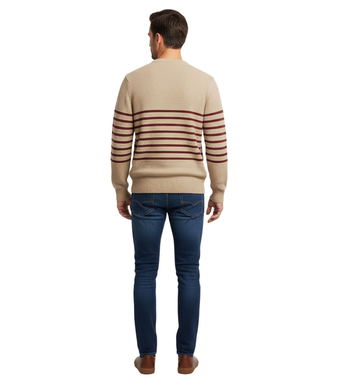 Stylischer ESPRIT Herren Strick-Pullover mit Streifen Rundhals-Sweater Baumwoll-Pullover Beige