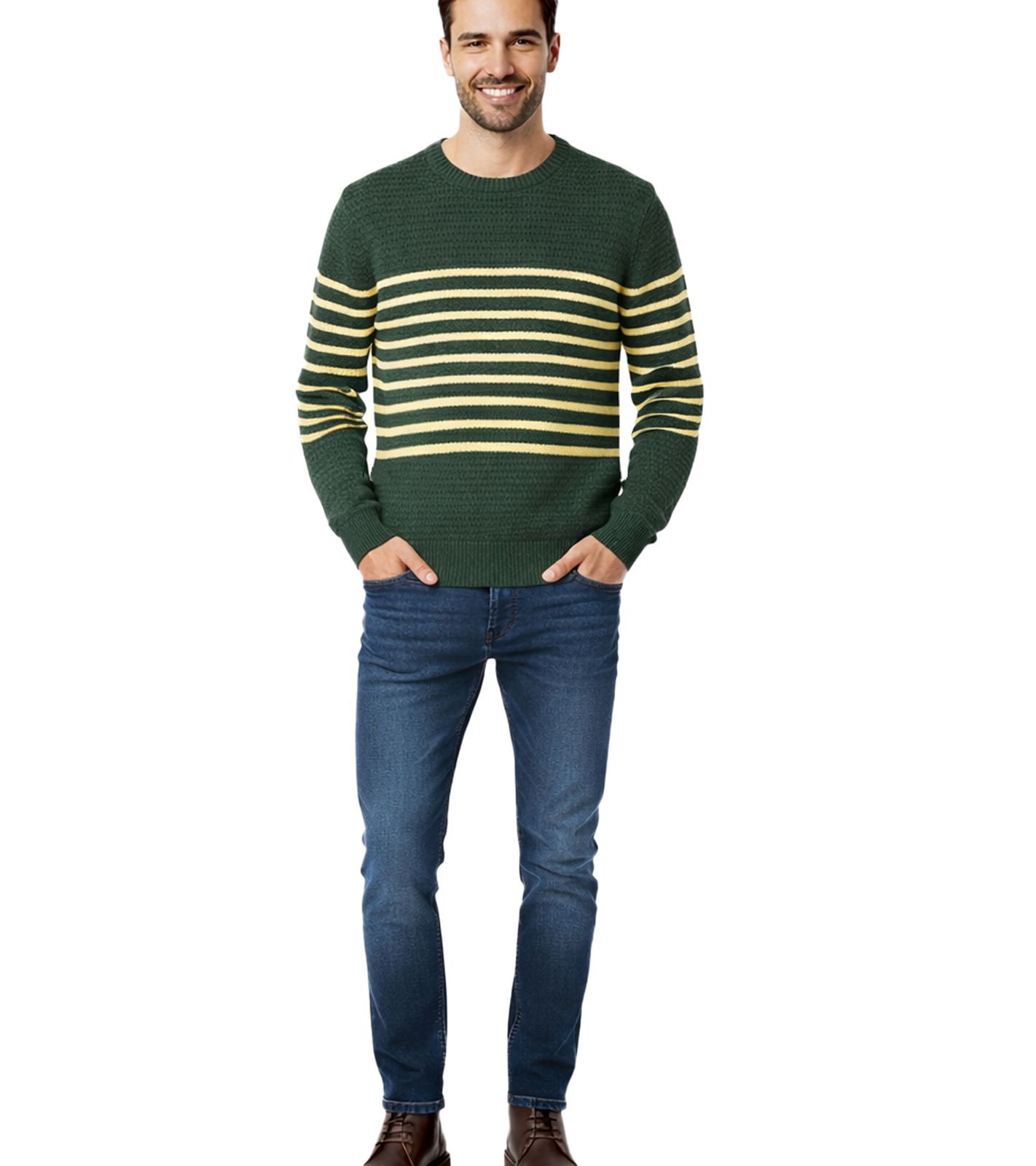 Stylischer ESPRIT Herren Strick-Pullover mit Streifen Rundhals-Sweater Baumwoll-Pullover Gr&uuml;n