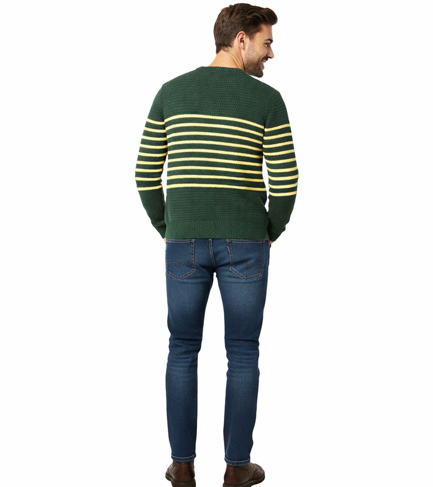 Stylischer ESPRIT Herren Strick-Pullover mit Streifen Rundhals-Sweater Baumwoll-Pullover Gr&uuml;n