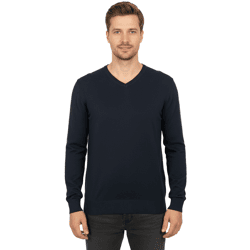 Stylischer Herren Strick-Pullover mit V-Ausschnitt Premium-Baumwolle 143-034 Dunkelblau