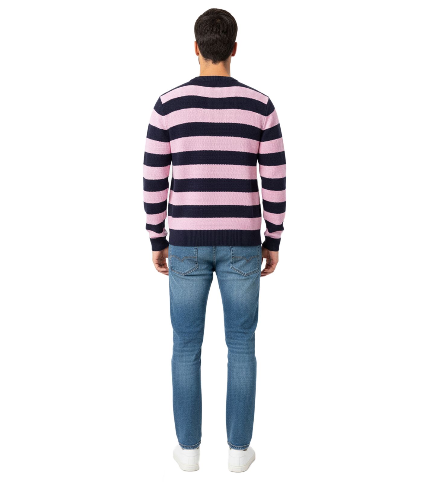 Stylischer ESPRIT Herren Strick-Pullover mit Streifen Rundhals-Sweater Baumwoll-Pullover Dunkelblau/Rosa