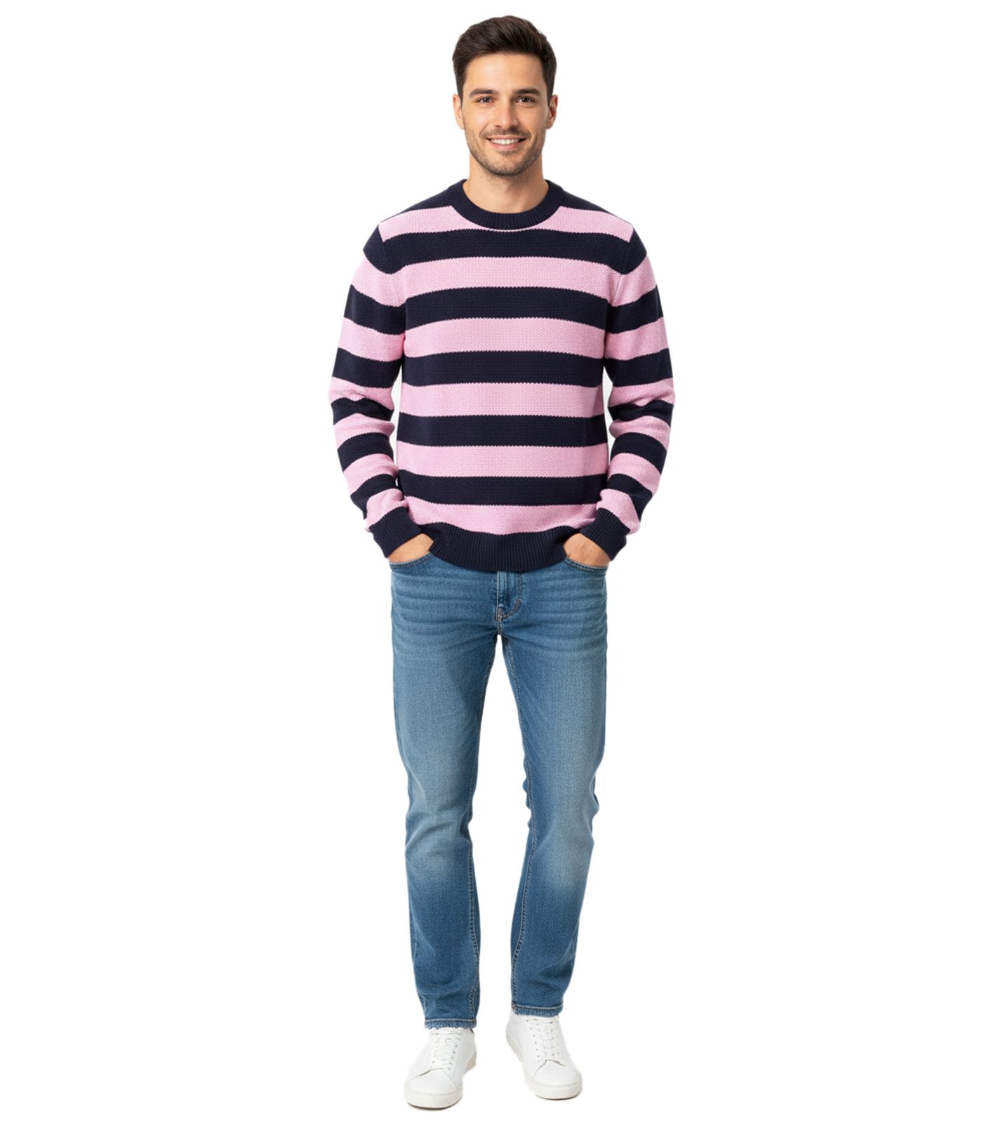 Stylischer ESPRIT Herren Strick-Pullover mit Streifen Rundhals-Sweater Baumwoll-Pullover Dunkelblau/Rosa