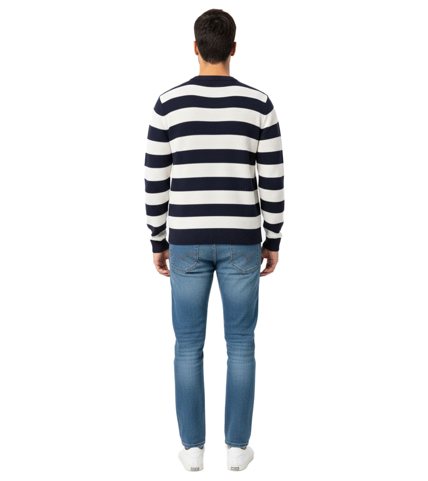 Stylischer ESPRIT Herren Strick-Pullover mit Streifen Rundhals-Sweater Baumwoll-Pullover Dunkelblau/Wei&szlig;