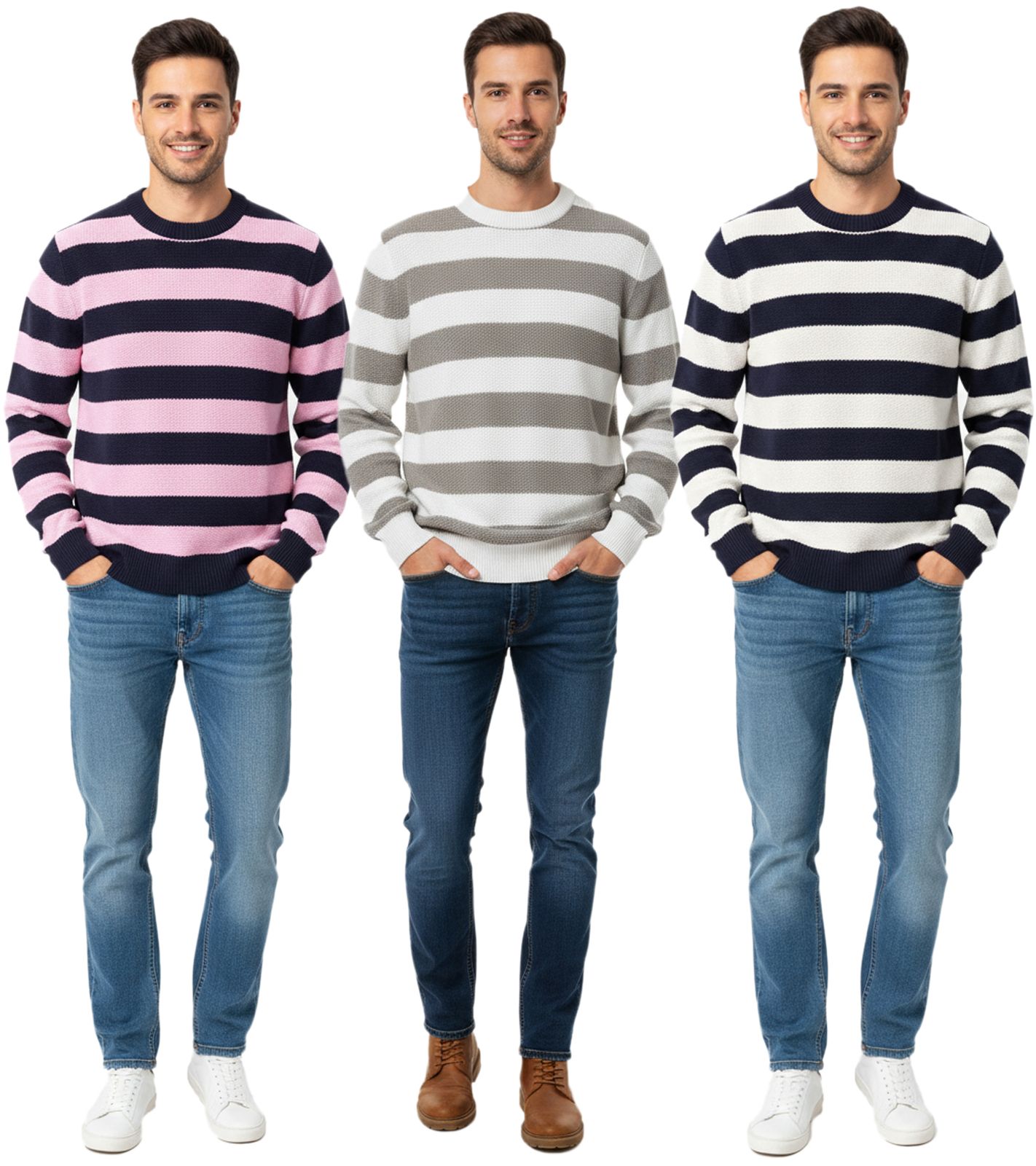 Stylischer ESPRIT Herren Strick-Pullover mit Streifen Rundhals-Sweater Baumwoll-Pullover in Dunkelblau/Rosa, Weiß/Grau oder Dunkelblau/Wei