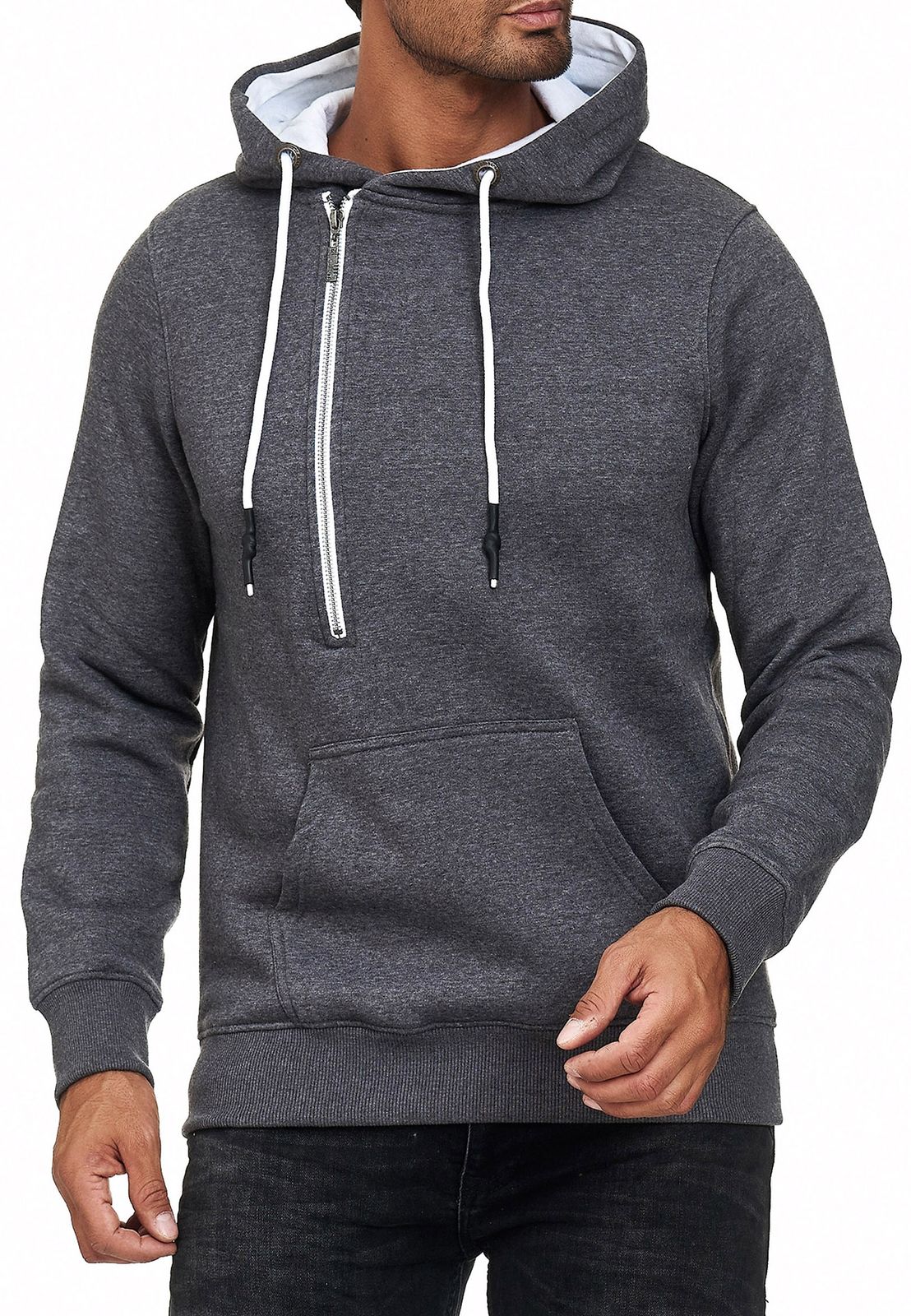 Trendy men's hooded sweater with side zipper Hoodie Sweater 7006 Anthracite Melange