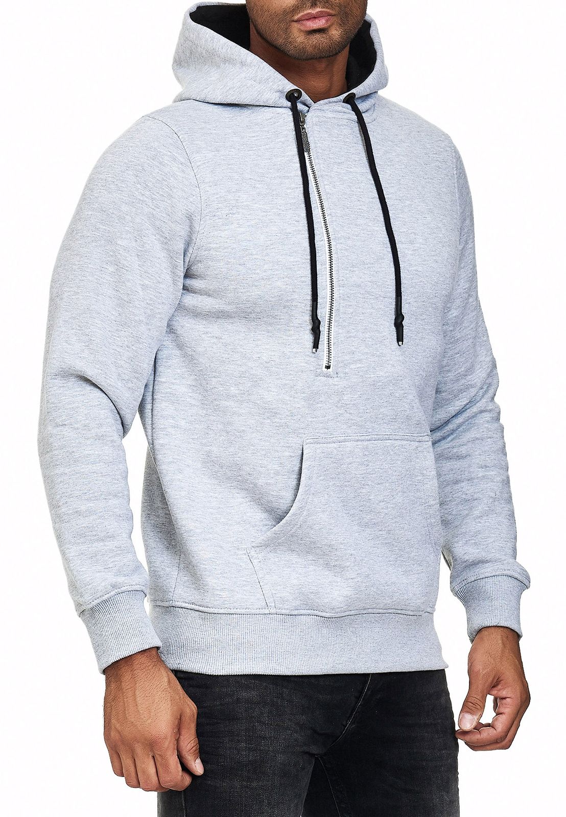 Trendy men's hooded sweater with side zipper Hoodie Sweater 7006 Gray Melange