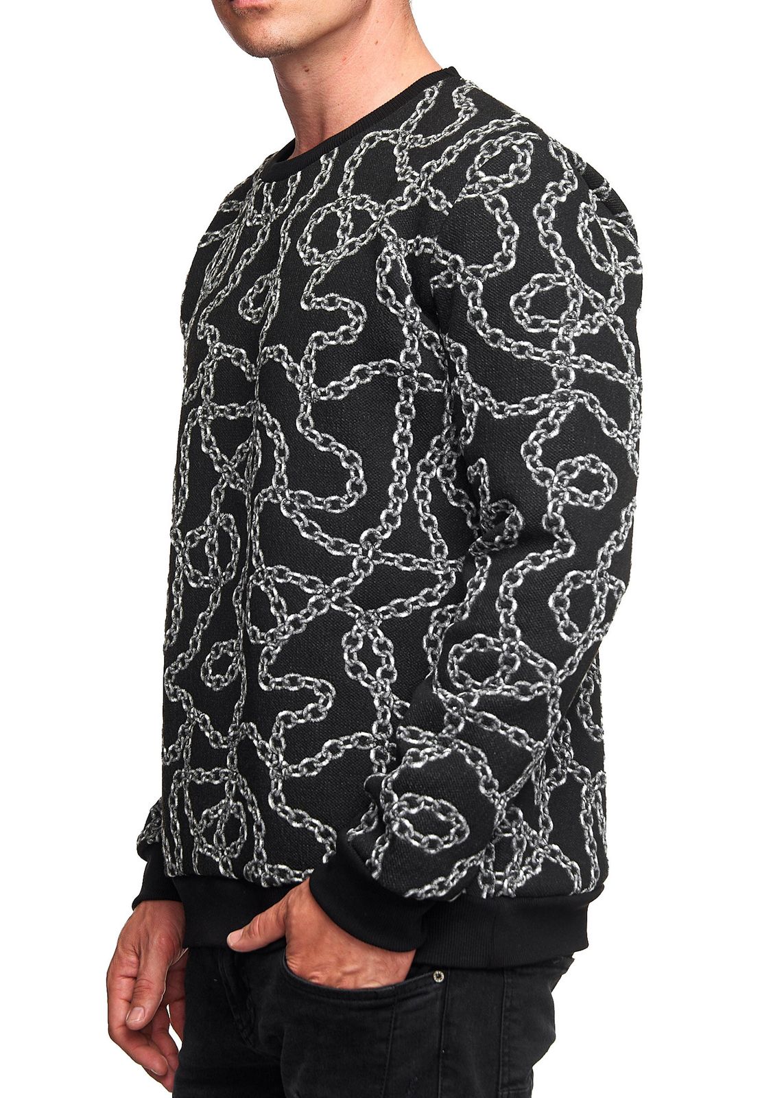 Ausgefallenes Sweatshirt f&uuml;r Herren mit Muster im Ketten-Design Rundhals-Pullover 19141 Schwarz