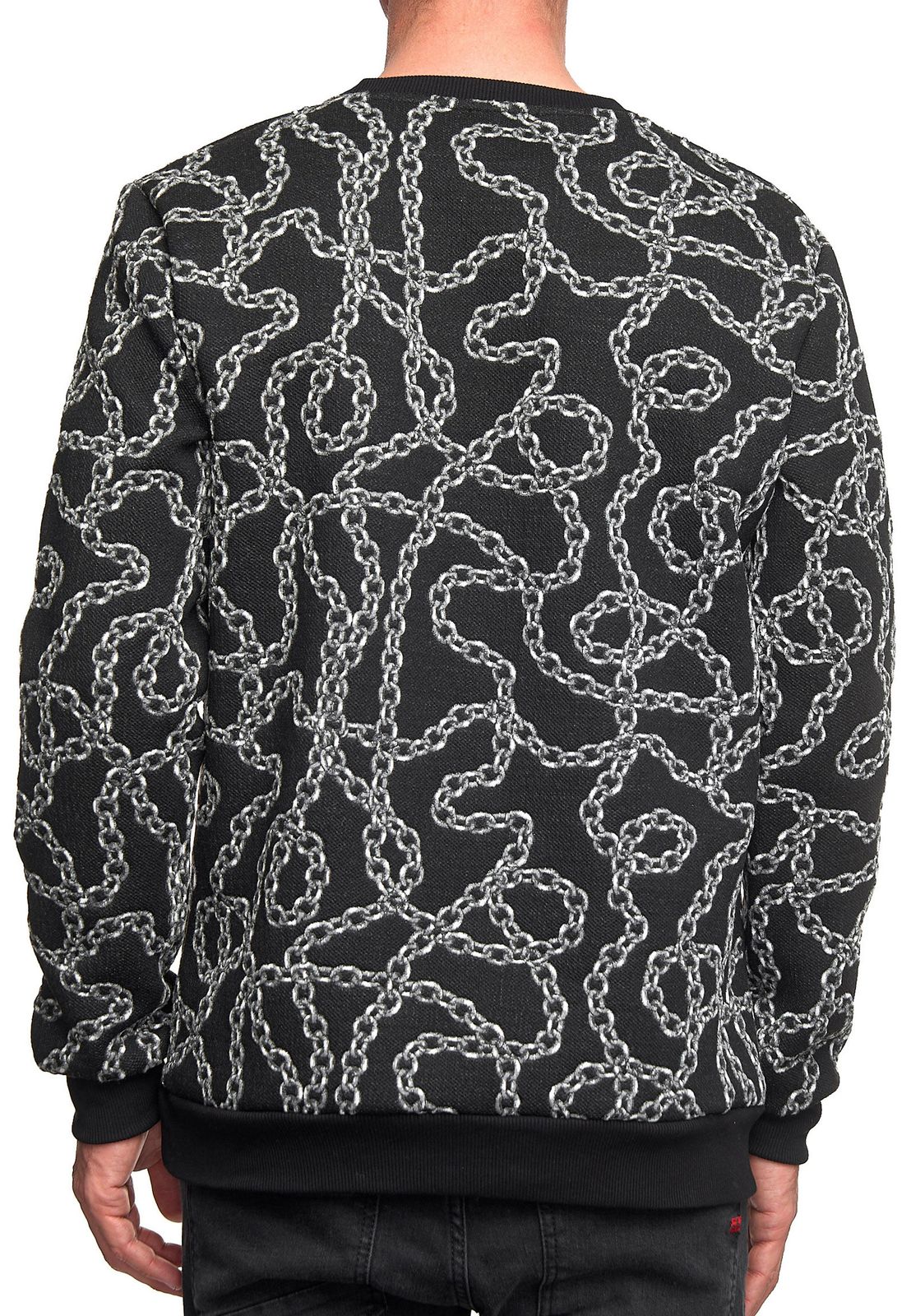 Ausgefallenes Sweatshirt f&uuml;r Herren mit Muster im Ketten-Design Rundhals-Pullover 19141 Schwarz