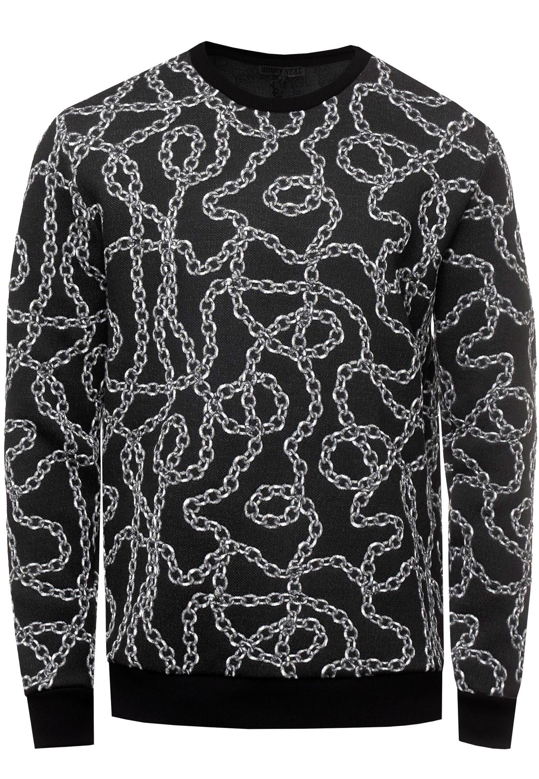 Ausgefallenes Sweatshirt f&uuml;r Herren mit Muster im Ketten-Design Rundhals-Pullover 19141 Schwarz