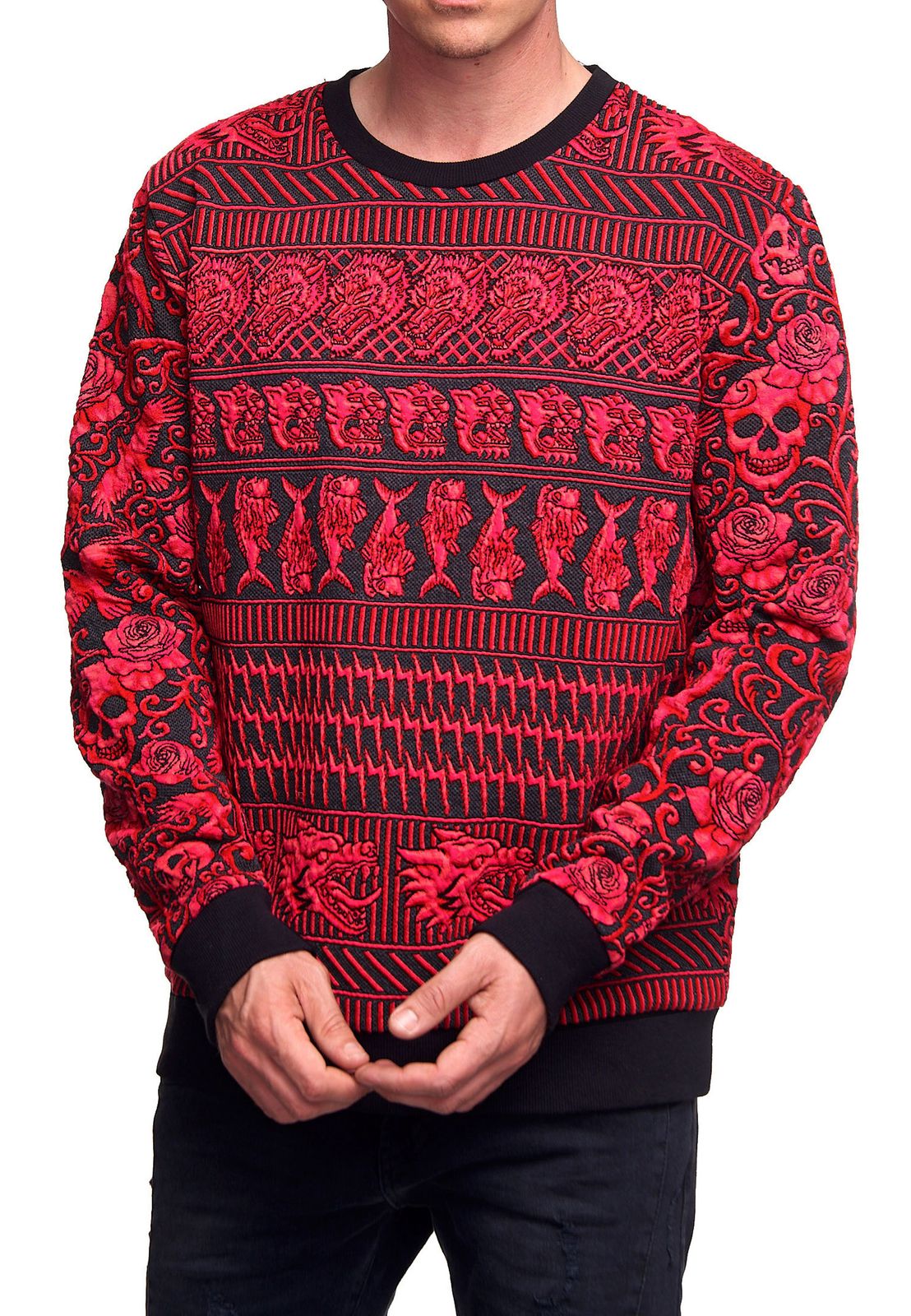 Bequemes Sweatshirt f&uuml;r Herren mit extravagantem Muster Rundhals-Pullover Sweater 19146 Rot