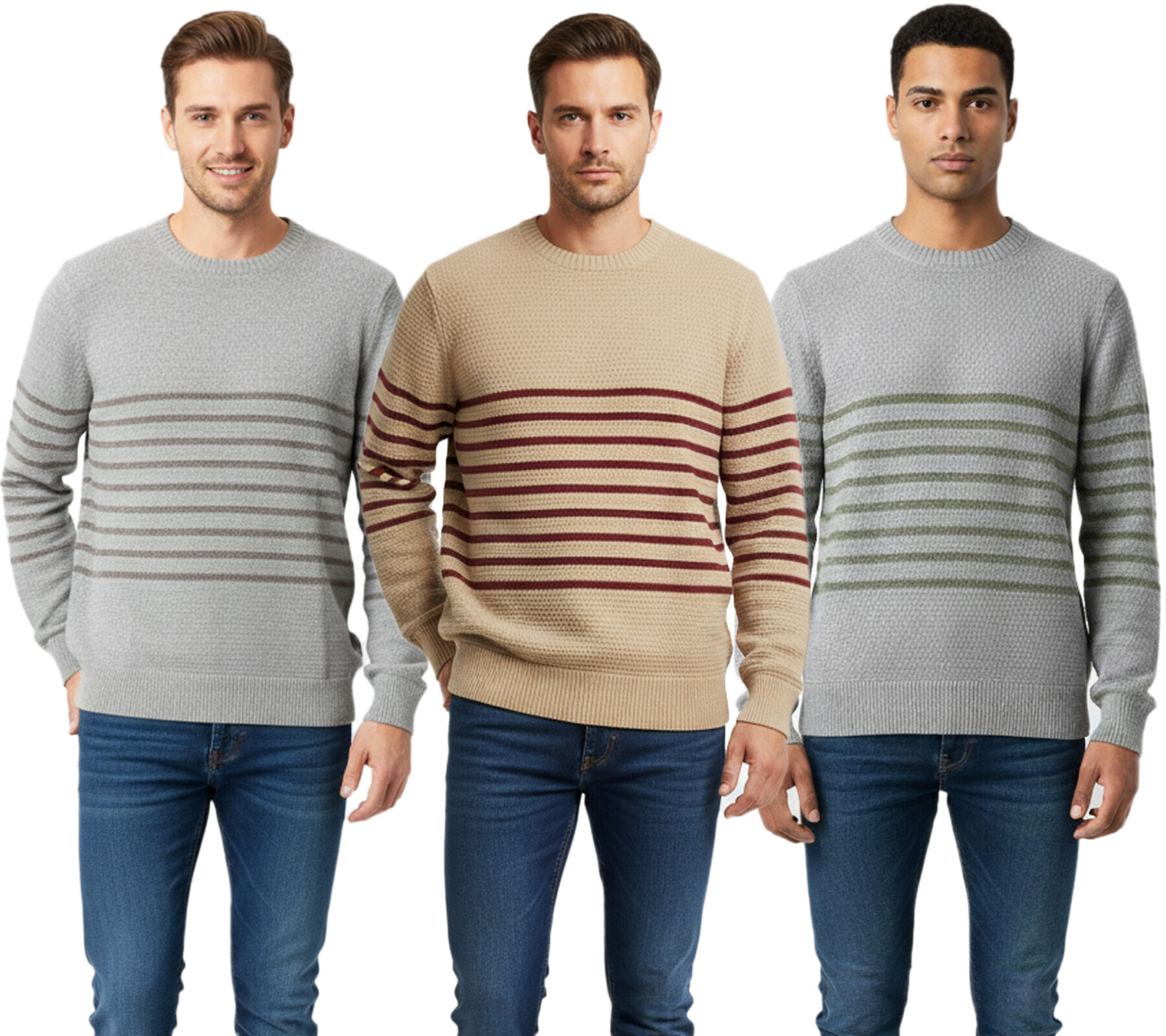 Stylischer ESPRIT Herren Strick-Pullover mit Streifen Rundhals-Sweater Baumwoll-Pullover in Grau/Dunkelgrau, Beige/Bordeaux oder Grau/Gr&uuml;n