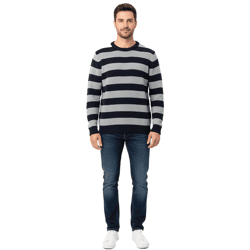 Stylischer ESPRIT Herren Strick-Pullover im Streifen-Design Rundhals-Sweater Baumwoll-Pullover Dunkelblau/Grau