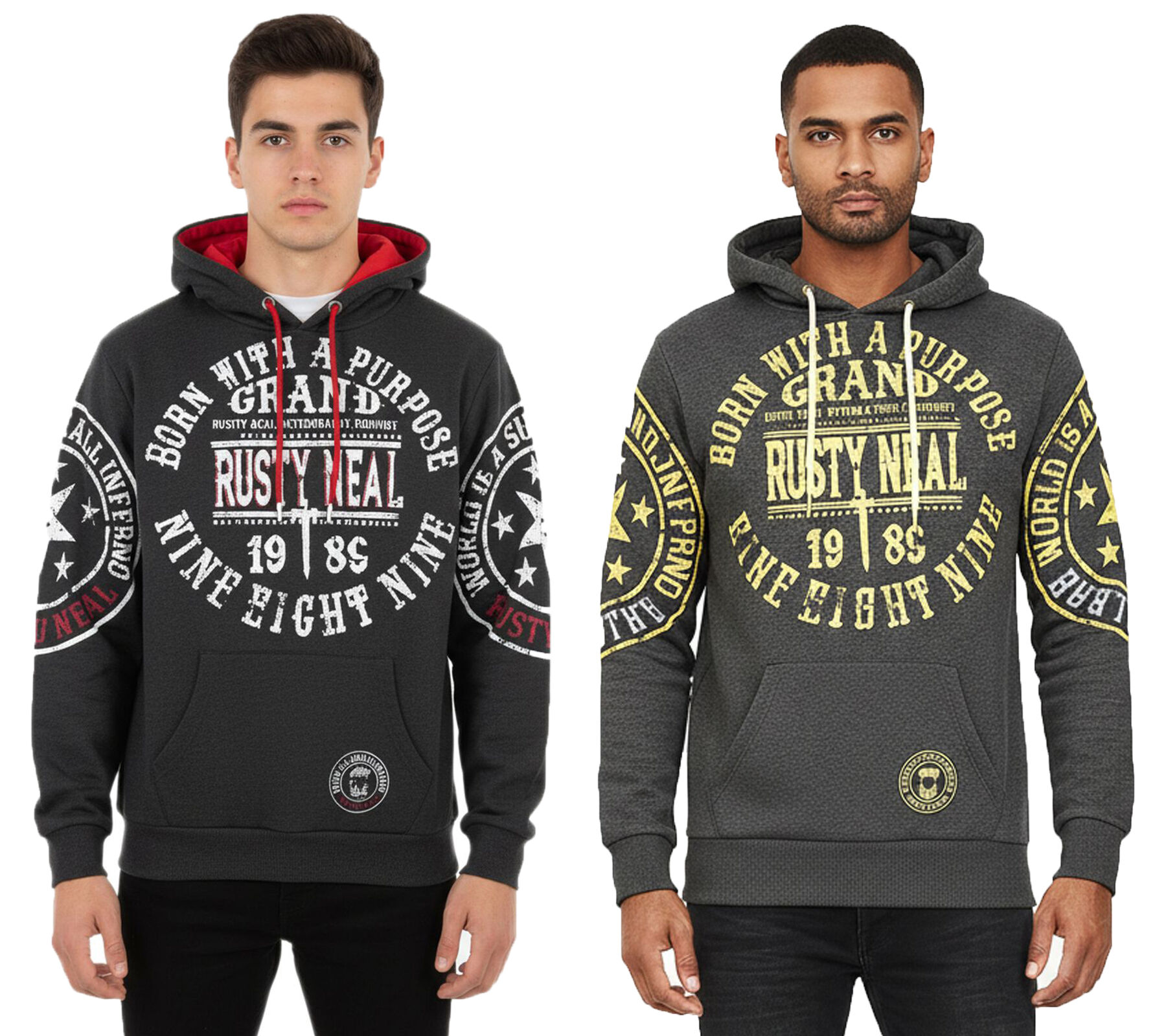 Vielseitiger Kapuzen-Pullover f&uuml;r Herren mit coolen Markenprints Hoodie Sweater 19078 Anthrazit mit Gelb oder Rot