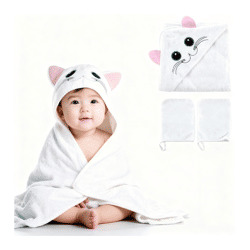 Super-soft bloomborn Baby Bath Towel Set: Hooded Towel with Cat Design, Includes 2 Washcloths; Cotton Bath Towel, 75 x 75 cm, White
