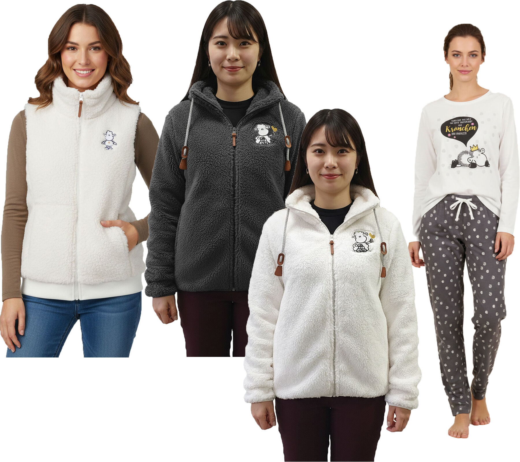 Bequeme sheepworld Damen Teddyfleece-Weste mit gesticktem Motiv Kuschel-Jacke oder Pyjama-Set mit Marken Motiven Wei&szlig; oder Grau