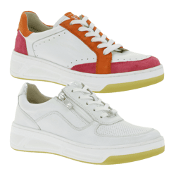 Stylish CAPRICE women's sneakers made of high-quality leather—CAP Climo FB in plain white or white/multicolored with a layered look
