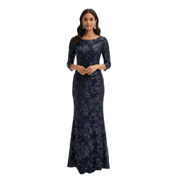 romantisches Damen Abend-Kleid Pailletten-Kleid mit Ornamenten 939101 Dunkelblau
