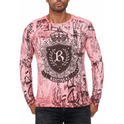 Stylisches Herren Longsleeve Rundhals Washed Print Design Slim Fit Langarm-Shirt 10142 Koralle