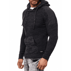 Moderner Herren Strick-Pullover Kapuzen-Sweater Grobstrick-Hoodie Strick-Jacke 13290 Anthrazit