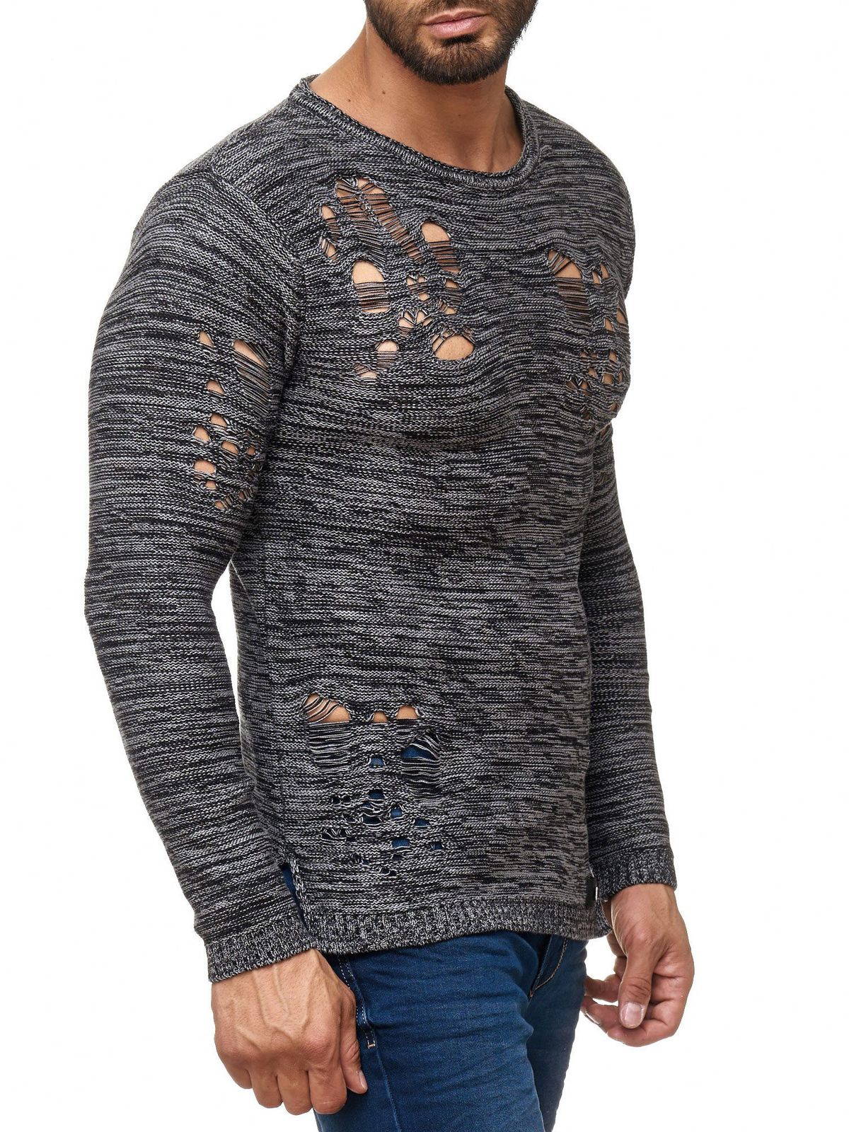 Moderner Herren Strick-Pullover im Destroyed Look Rundhals-Sweaterullover 13295 Grau