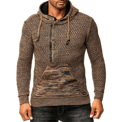Sportiver Herren Kapuzen-Pullover mit Half-Zip und Strukturstrick Hoodie Sweater 13323 Braun