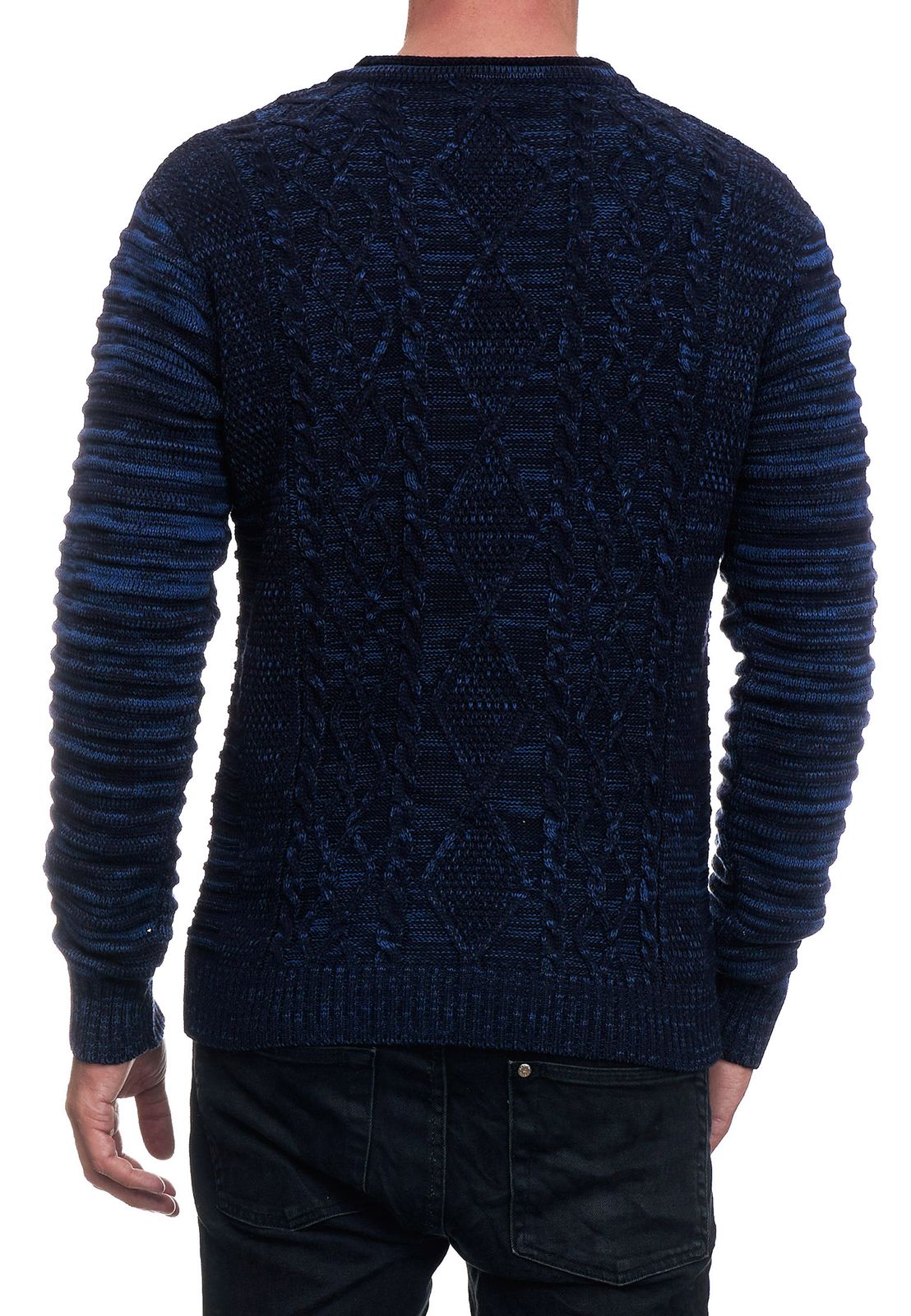Stilvoller Herren Biker Rundhals-Pullover Grobstrick-Sweater 13357 Marine