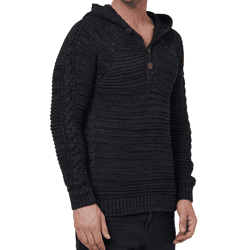 Markanter Herren Grobstrick Kapuzen-Pullover mit Knopfleiste und Zopfstruktur Strick-Hoodie Sweater 13385 Schwarz