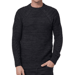 Moderner Herren Grobstrick-Pullover mit Zopfdetails und Rundhals Slim Fit Strick-Sweater 13386 Schwarz