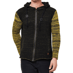 Schwere Herren Grobstrick-Jacke mit Kapuze und Zipper Biker Sweat-Jacke 13408 Schwarz/Gelb