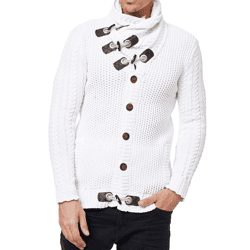 Markante Herren Grobstrick-Jacke mit Stehkragen und Knebelverschluss Cardigan 13418 Weiß