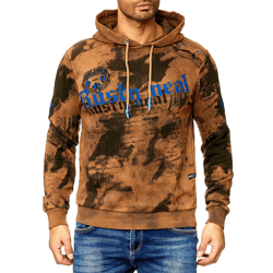 Herren Hoodie im Batik Look Kapuzen-Pullover mit Vintage Print Sweater 19113 Camel