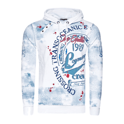 Exklusiver Herren Kapuzen-Pullover Oil-Washed Hoodie mit Knopfleiste und Sea-Print Sweater 19128 Weiß