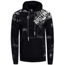 Stylischer Herren Kapuzen-Pullover mit All-Over Graphic-Print Hoodie mit Känguru-Tasche Sweater 19134 Schwarz