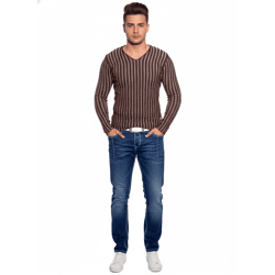 Moderner Herren Strick-Pullover mit Streifenmuster Slim Fit V-Ausschnitt Sweater 3174 Braun