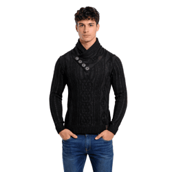 Stylischer Herren Strick-Pullover Zopfstrick-Muster Stehkragen-Sweater 3176 Schwarz