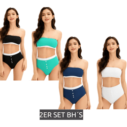2er Set Damen Bandeau-BH trägerloser BH aus Bio-Baumwolle ohne Bügel Schwarz/Türkis oder Dunkelblau/Weiß