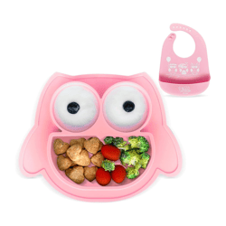 Rutschfestes Brunoko Silikon-Babyteller 2-in-1 Baby-Tellerset Lätzchen mit Auffangschale aus Silikon BPA-frei Rosa